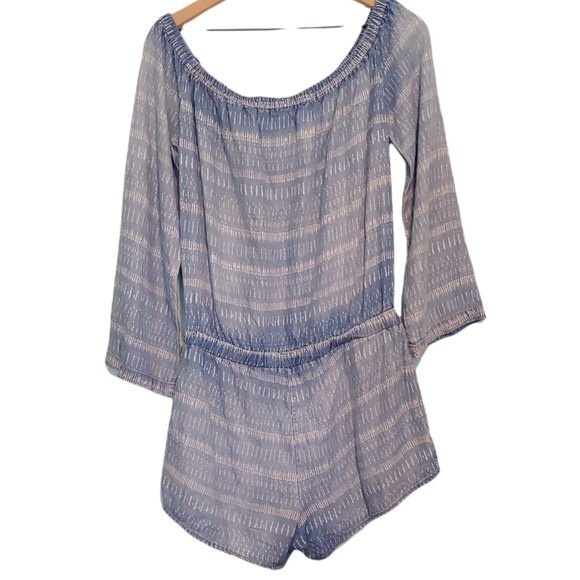 Bella Dahl Blue Chambray Tiki Stripe Off Shoulder Long Sleeve Romper Size Medium - Picture 4 of 8